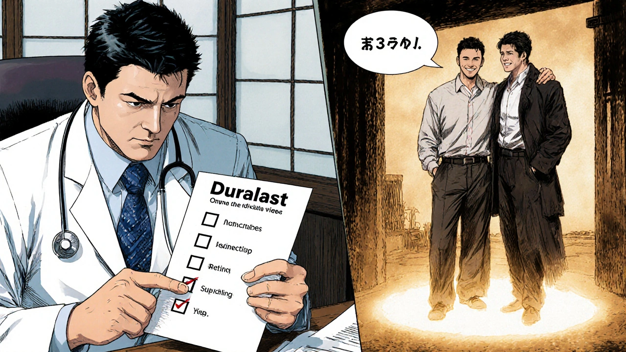 医師と相談する男性と、Duralast使用後に自信を持つ男性とパートナーの対照的なシーン。