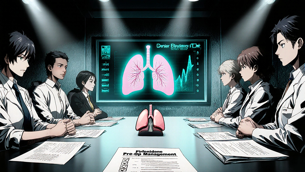 移植チームがテーブルで検査結果と薬剤チェックリストを確認。