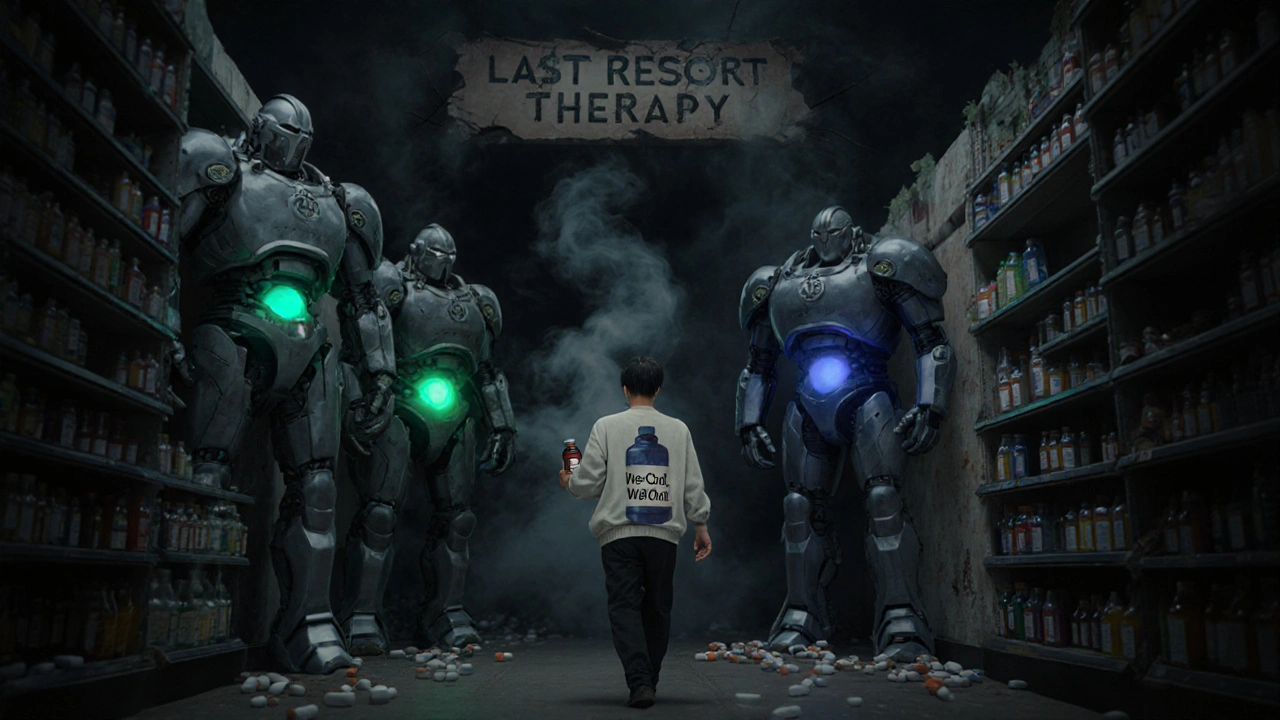 真夜中の薬局で一人の患者がコレスベラムの薬瓶を抱え、GLP-1とSGLT2阻害薬の巨大な鎧像に囲まれ、『最後の手段』という看板が崩れ落ちている。