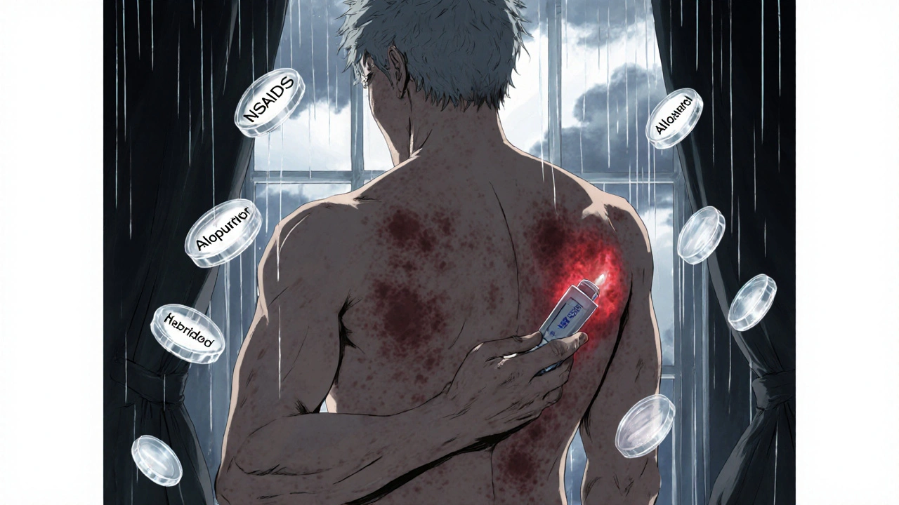 中年の男性が背中と太ももにコイン状の皮膚斑を持ち、薬の瓶を握りしめている。