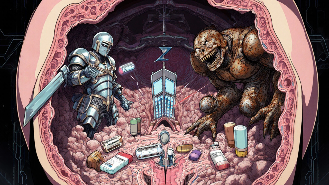 子宮内に描かれた安全な抗生物質の騎士たちが細菌から胎児を守る、危険な薬は腐敗した機械として描かれる。