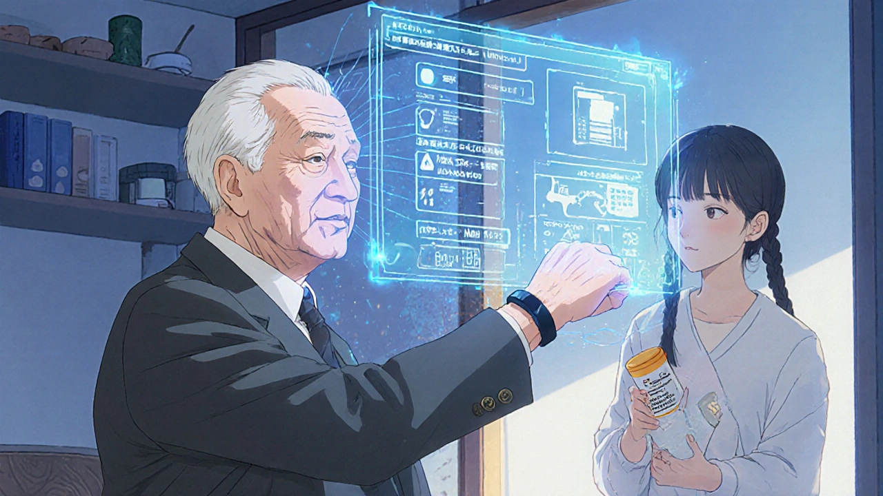 AIが患者の健康データを分析し、ジェネリック薬の個別推奨を投影する未来の家庭の風景。