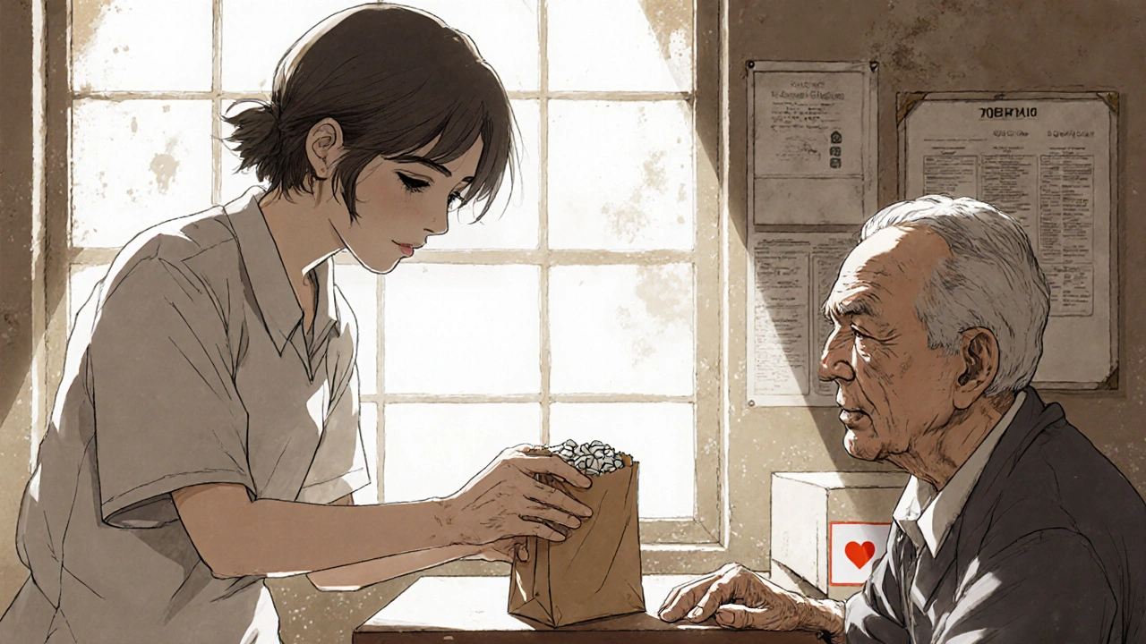 ボランティア薬剤師が高齢の患者に薬の袋を手渡すシーン。