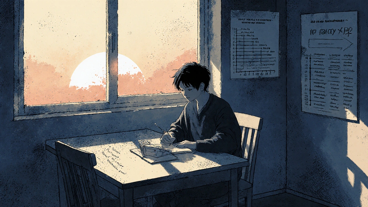 朝のキッチンで日記に小さな勝利を書き留める人物の静かな瞬間。