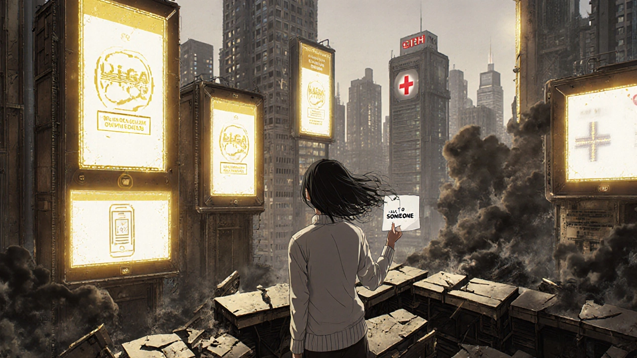 東京の空に輝く認証済みアプリと、崩れゆく無認証アプリの廃墟、一人の女性が病院を見つめながら紙のメモを握る。