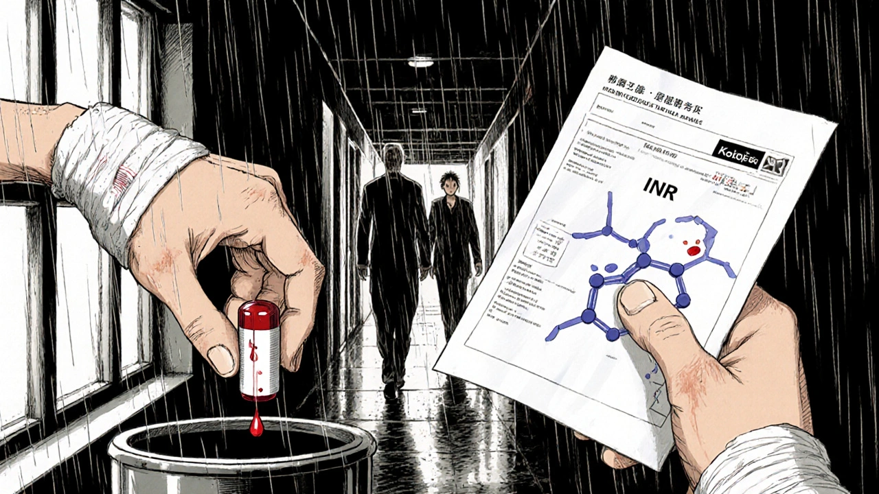 フェバーフューのカプセルをゴミ箱に捨てる手と、異常なINR値の血液検査結果が描かれた医療的場面。