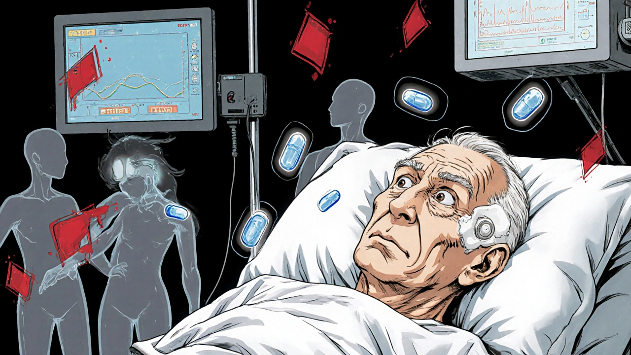 高齢者、幻覚に苦しむ病床、スコポラミンパッチと薬の幽霊が周囲を漂う