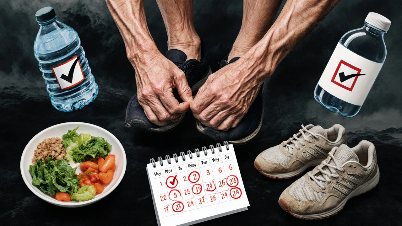 高齢者が靴を自分で履き、周囲に健康の証が浮かぶシーン。