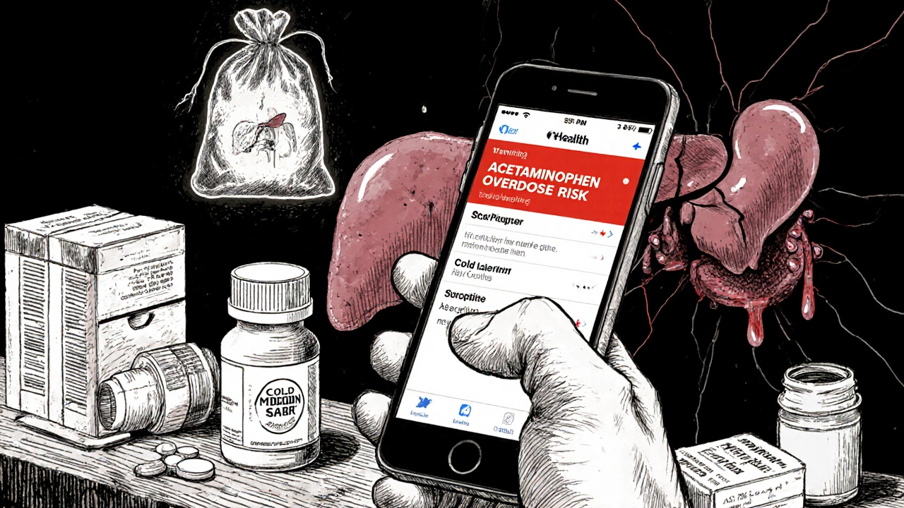 高齢の男性がスマートフォンの薬の重複警告を確認しながら、薬の瓶を握っている。