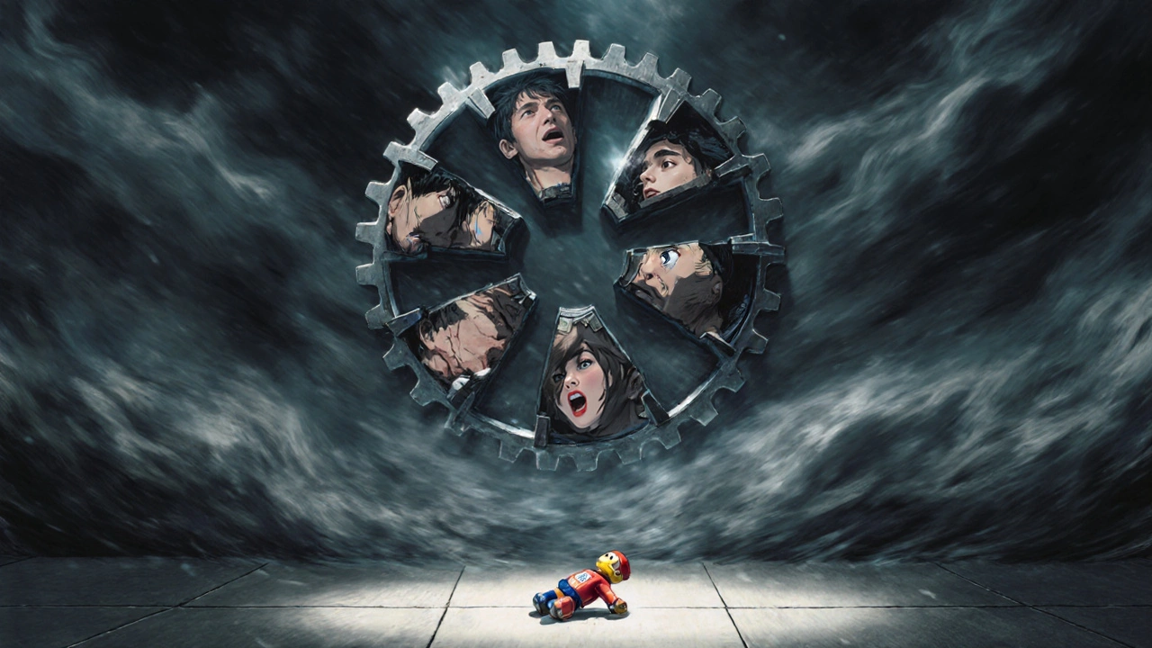 壊れた歯車が人間の顔に変わり、下には鉛入りのおもちゃが光る。