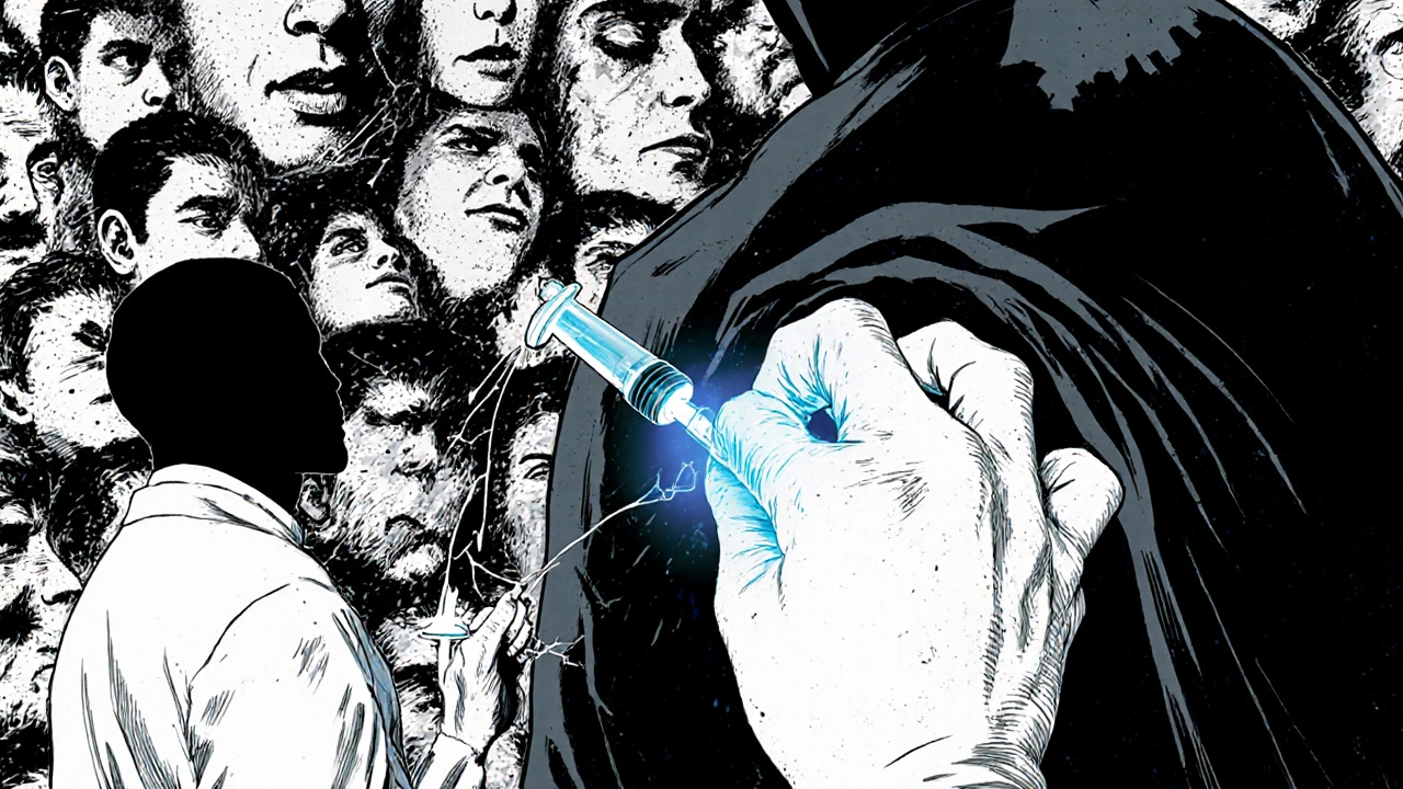 患者がバイオシミラーを注射している様子で、背後に陰謀的な存在が影を落としている。