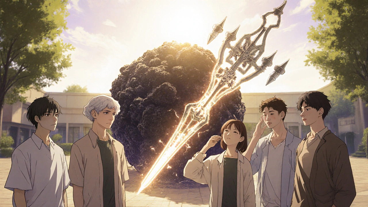 患者たちが冷却帽を着用し、標的療法の光の槍ががん細胞を撃破する光景。