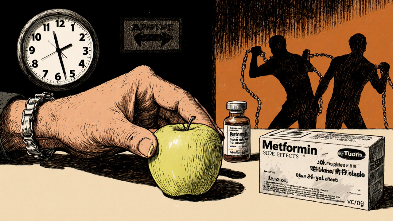 インスリンとメトホルミンの横にりんごを置く手と、3か月のカウントダウンを示す影の人物。