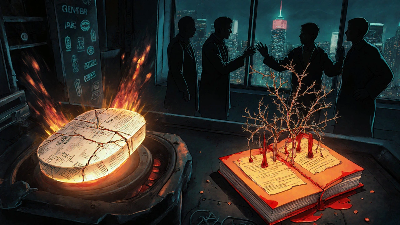 ジェネリック薬の錠剤が特許の鎖で囲まれ、オレンジブックから棘が生える工場の断片的光景。