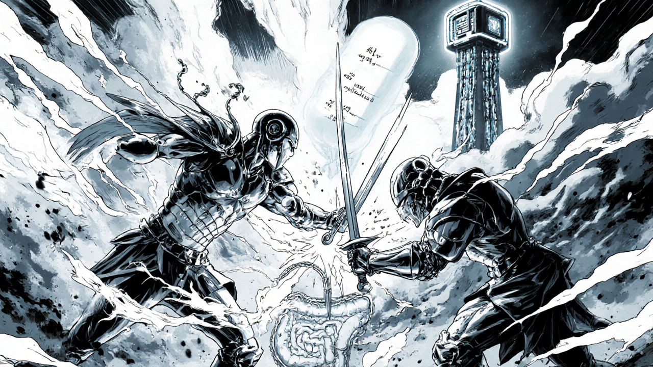 ジェネリックとブランド薬が戦士に化身し、体内の臓器を舞台に統計的基準で対決する幻想的シーン。