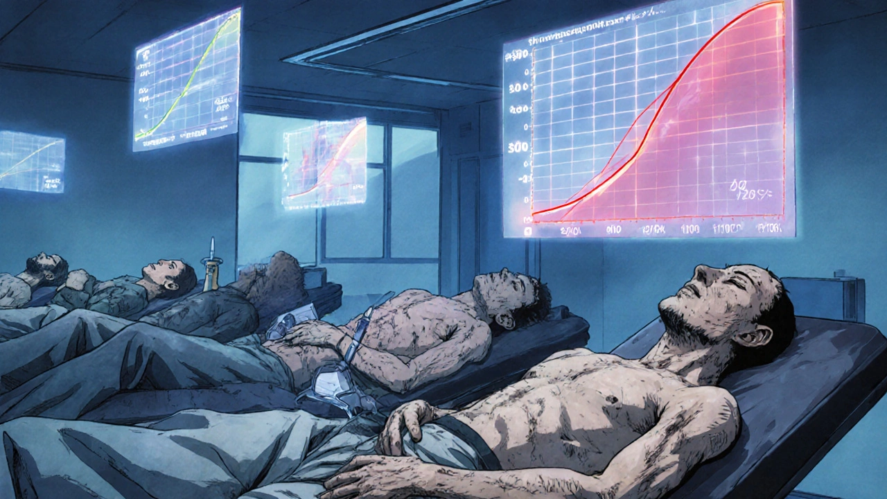 健康な参加者が血液検査を受け、血中濃度のグラフがホログラムのように浮かぶ臨床試験の場面。