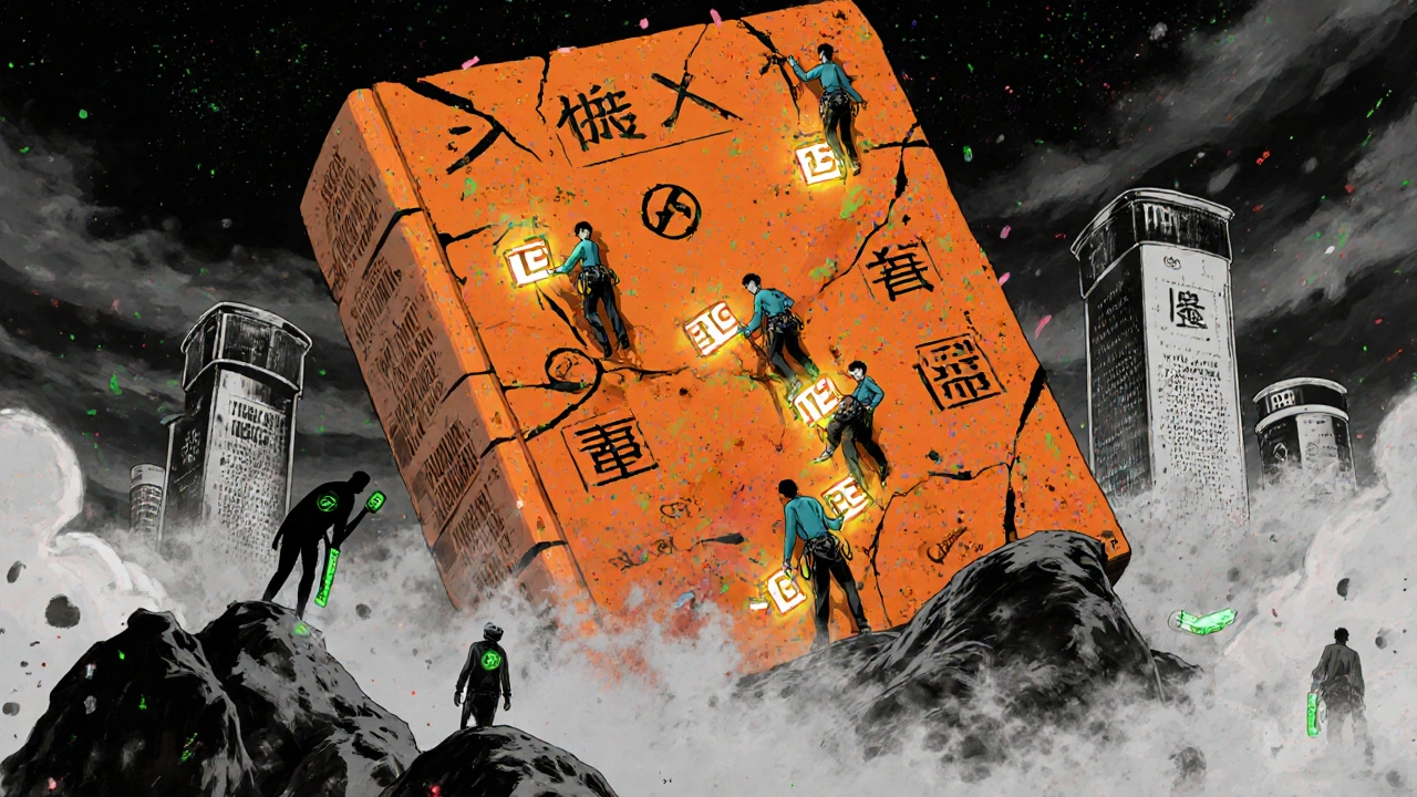 巨大なオレンジブックの石碑を患者と薬剤師が登る、サイバースペースの風景。