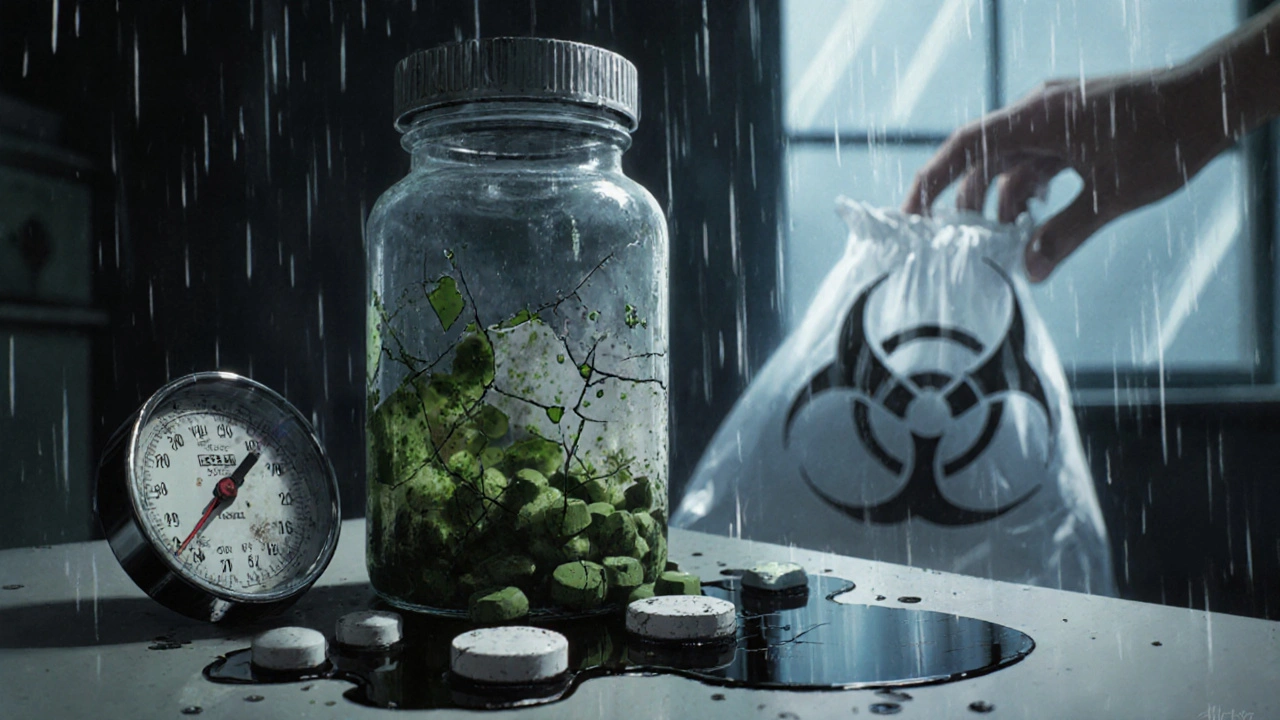 カビが生えた錠剤とこぼれた液体薬、廃棄用バッグに手が伸びる様子。