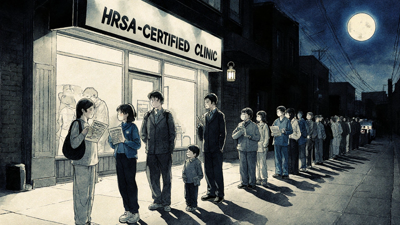 満月の下、クリニックの長蛇の列に並ぶ多様な人々の姿。