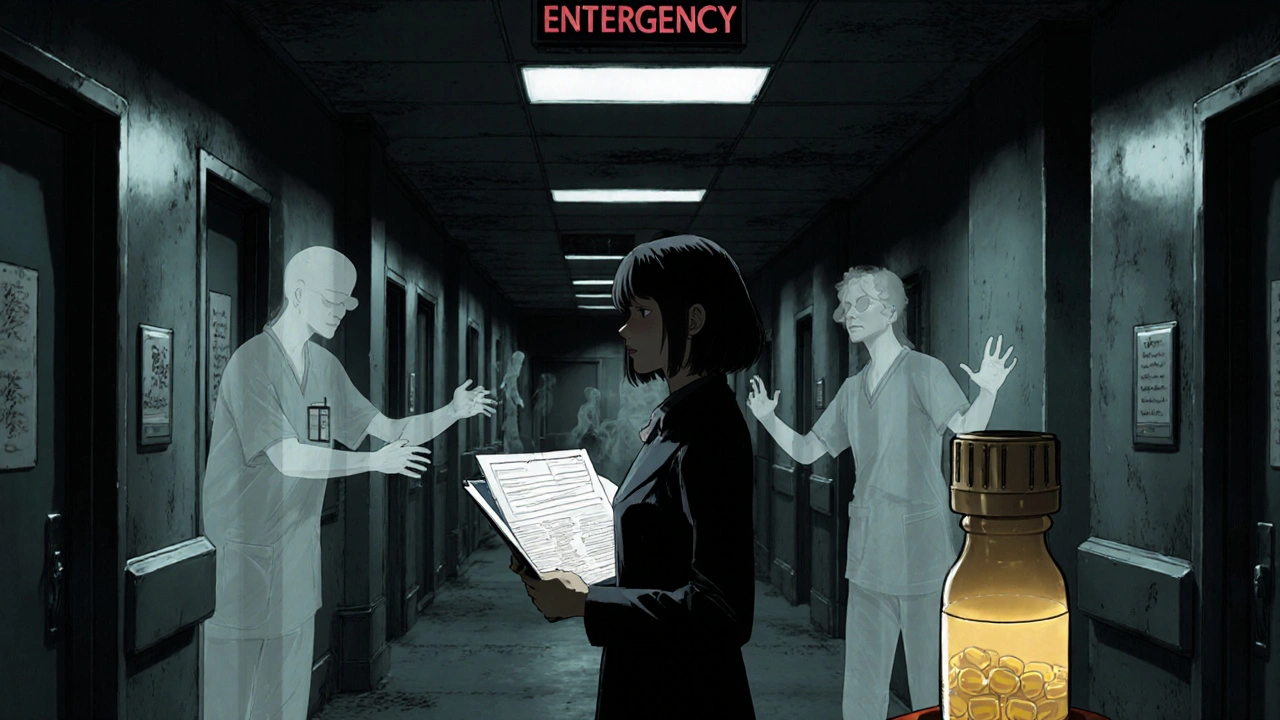 女性が医療資料を持ち、壁に幻の犠牲者たちが浮かぶ病院の廊下。