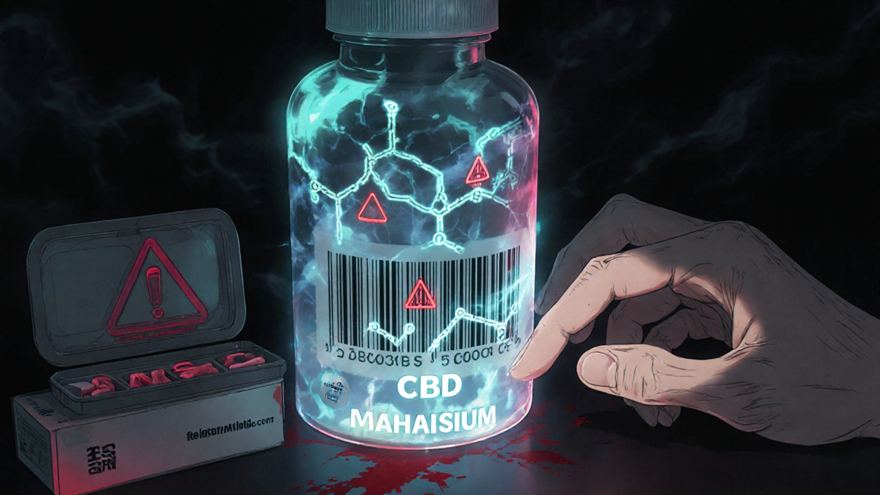 サプリメントのバーコードがスキャンされ、CBDやマグネシウムなどの化学構造が赤い警告で浮かび上がる様子。