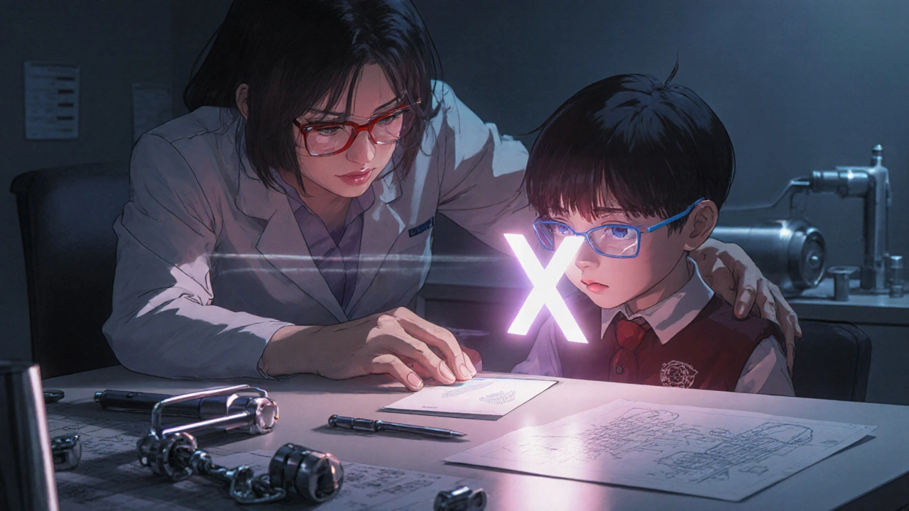 視覚療法士が赤青眼鏡を着けた子供にコンバージェンスカードの訓練を指導している場面。