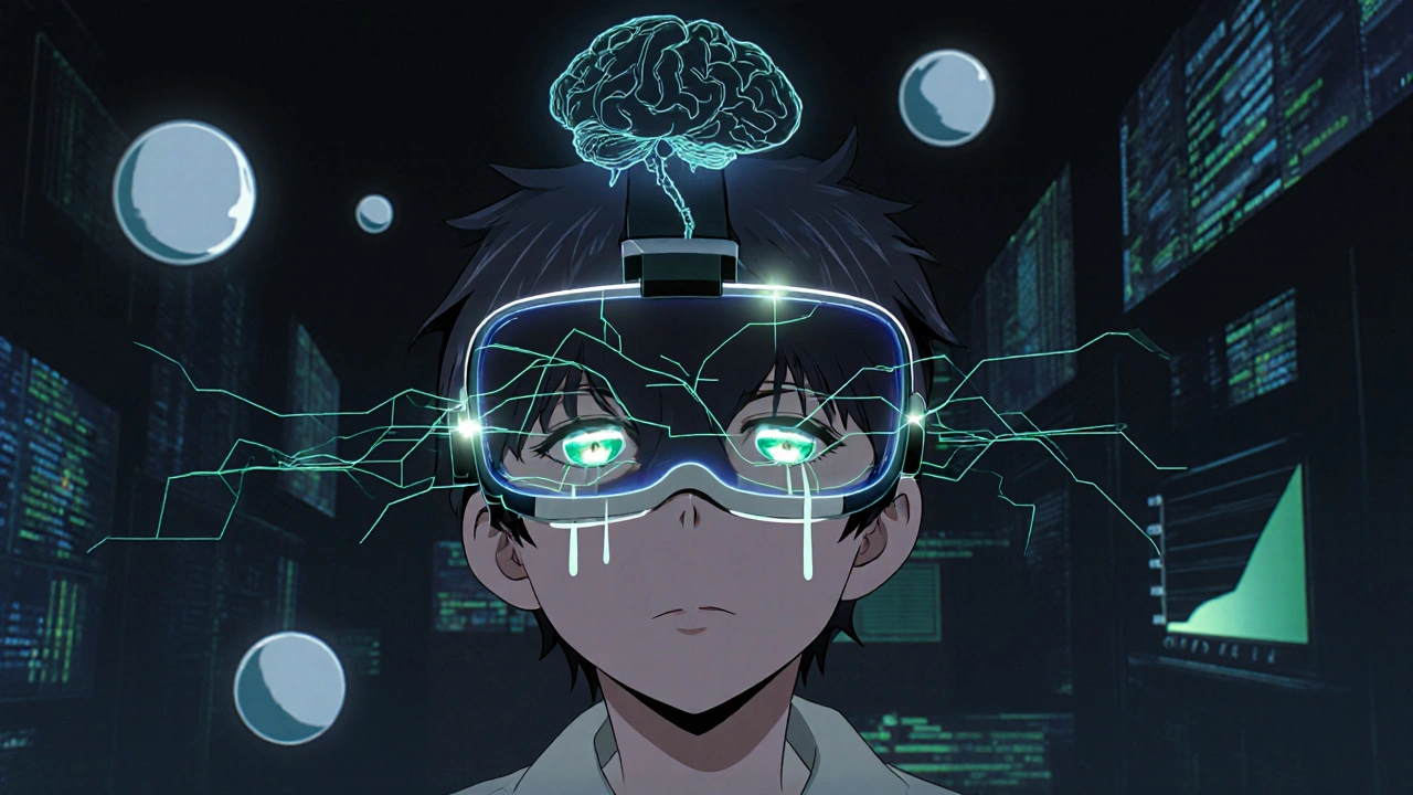 VRゴーグルを着用した少年が立体的な視覚訓練を受けており、脳への神経回路が光で描かれている。