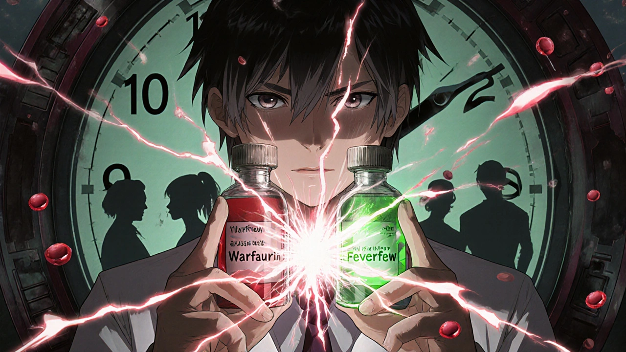 ワルファリンとフェバーフューの薬液が衝突し、血液細胞が壊れる瞬間を描いた医療シーン。