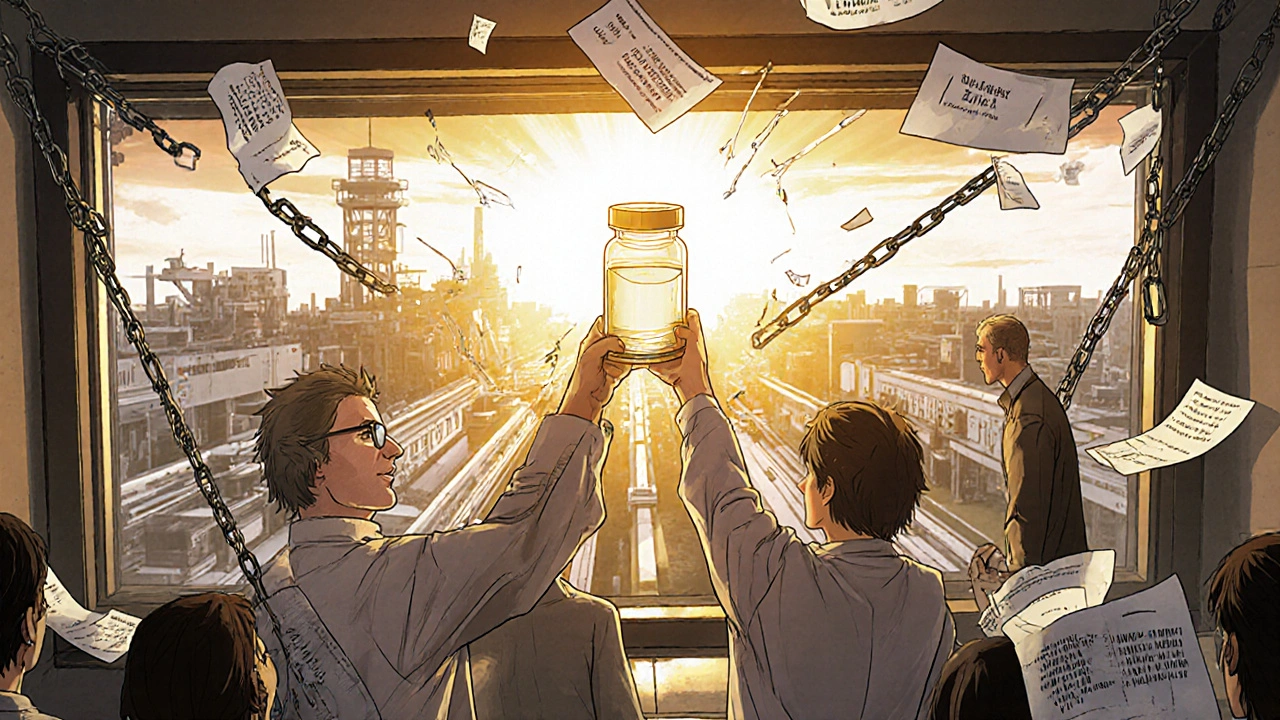 新技術で製造されたジェネリック医薬品を手にしたチームと、FDA審査官の認める光景