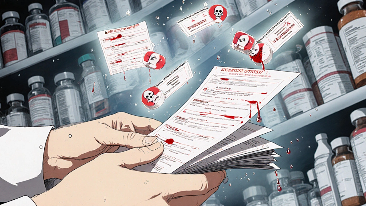 薬剤師が処方箋をめくっている様子、空中に誤った薬のイメージが浮かんでいる。