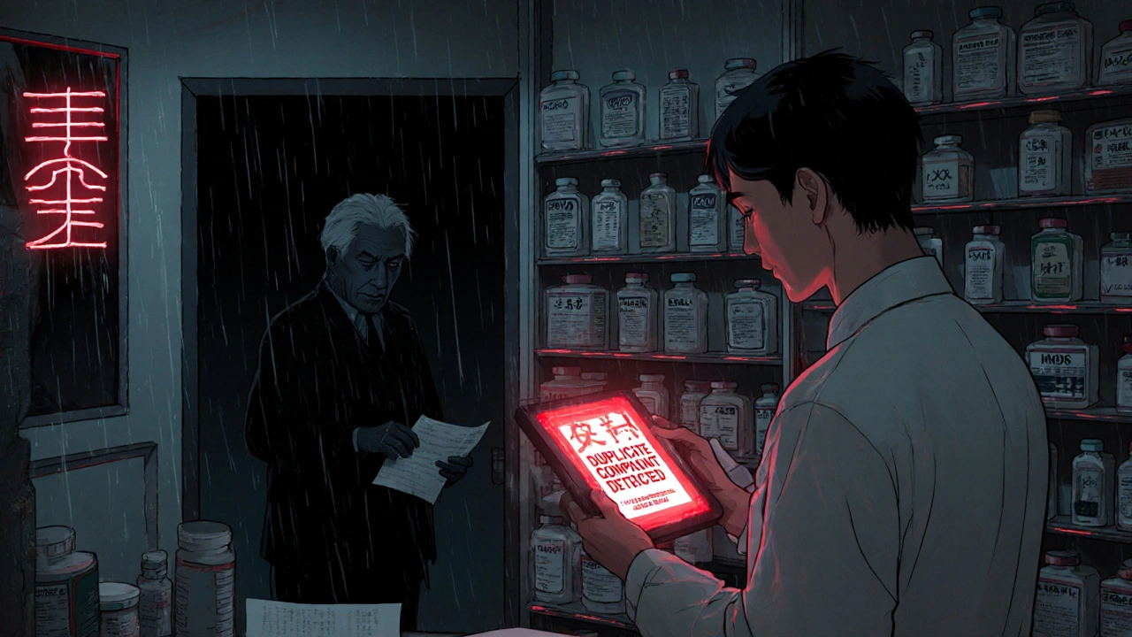 薬剤師が薬の重複を警告するタブレットを手に、患者が戸口で立ち尽くす。