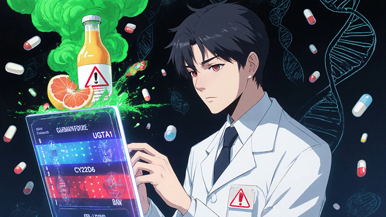 薬剤師が遺伝子検査データを確認し、グレープフルーツジュースの危険性を警告するシーン。