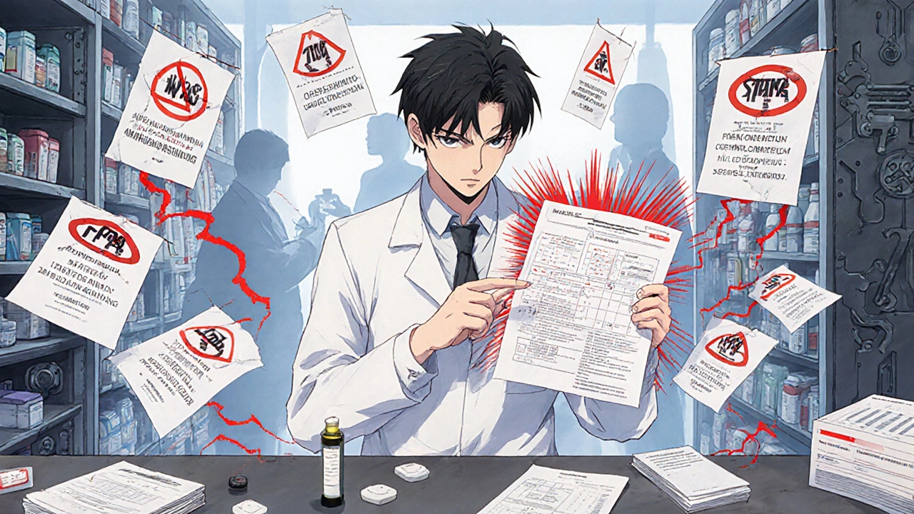 薬剤師がFDAの警告パネルに囲まれ、処方箋を指差すシーン。