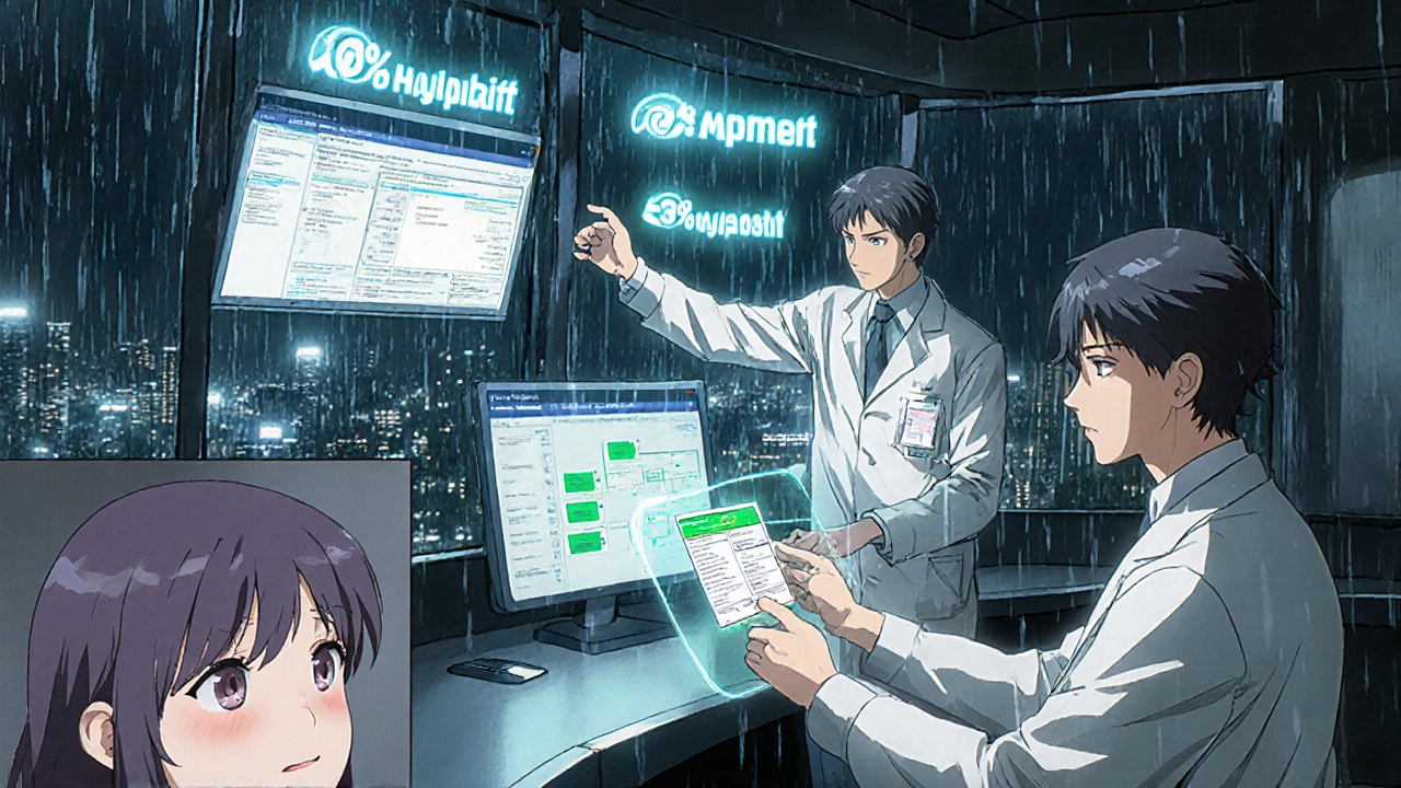 薬剤師がナットメディックのデータを確認しながら、患者のサプリメント相互作用を分析する臨床チームのシーン。