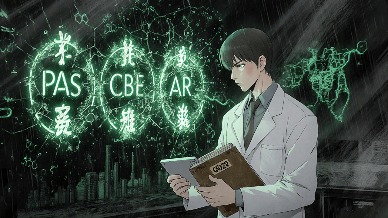 薬品の製造変更カテゴリを象徴する呪文のようなシールと、溶解する錠剤の化学的崩壊