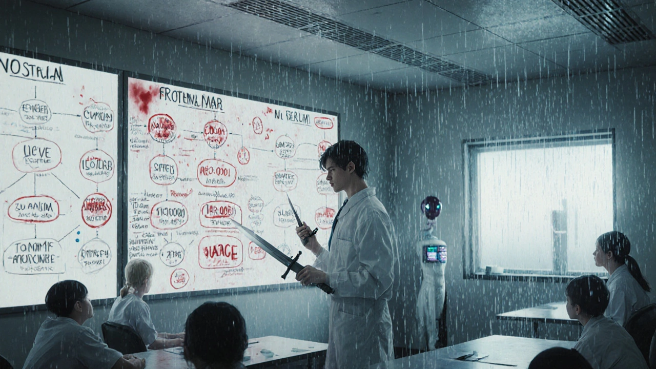 医療チームが特許満期のデータボードを前に、緊張した表情で作戦を立てる様子。