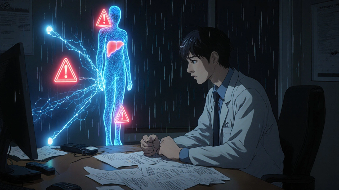 医師がAIで構築された薬物安全ネットワークを凝視するアニメ風の情景。