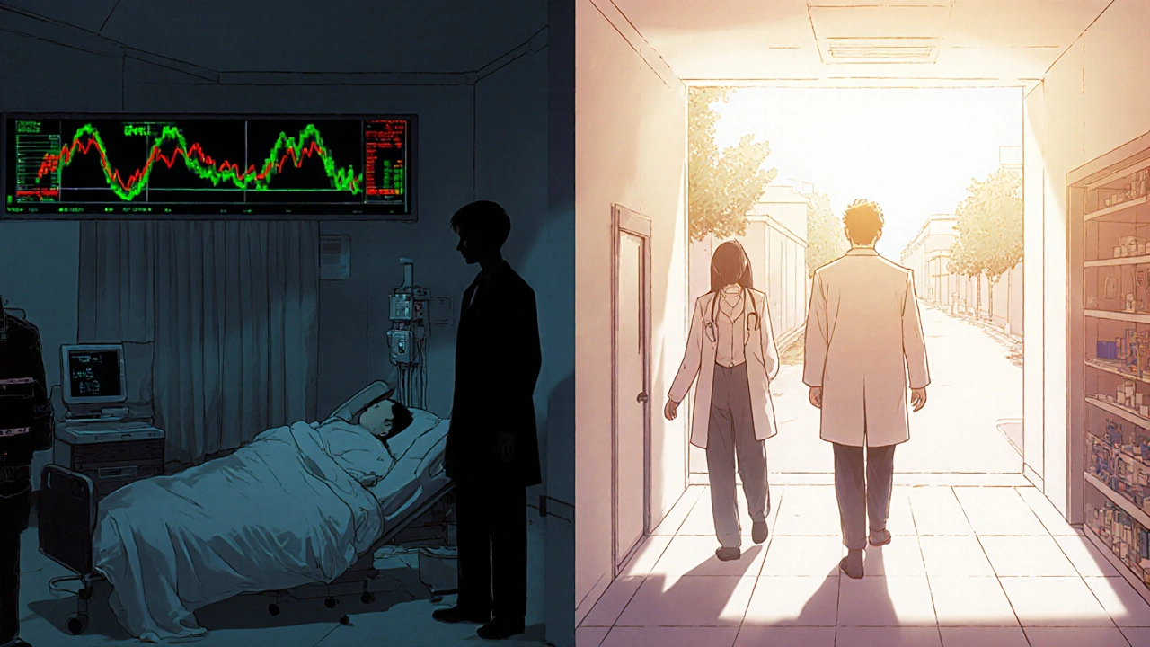 医師と薬剤師が患者の血液濃度データを見ながら、透析と健康な生活の対比を示す光と影のシーン。