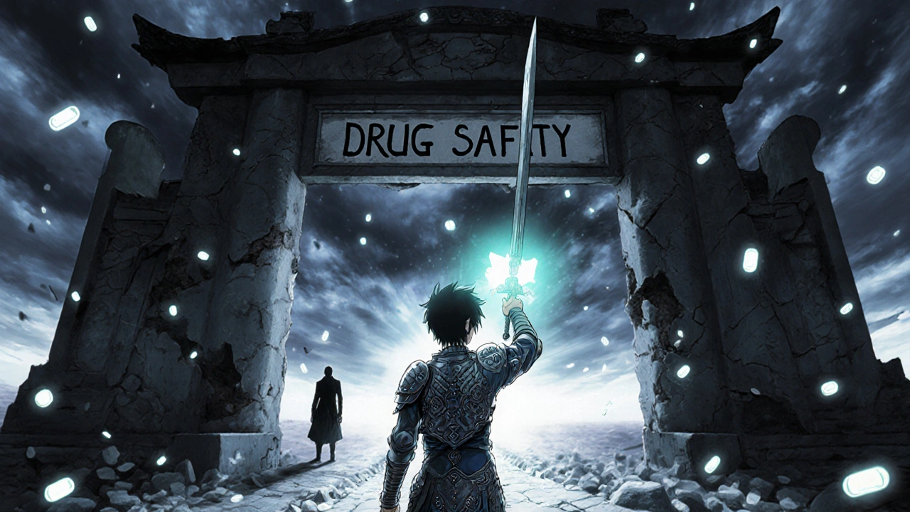 遺伝子検査の鍵を手に、薬の安全の門を守る患者と、消えゆく医師の影の対比的な構図。