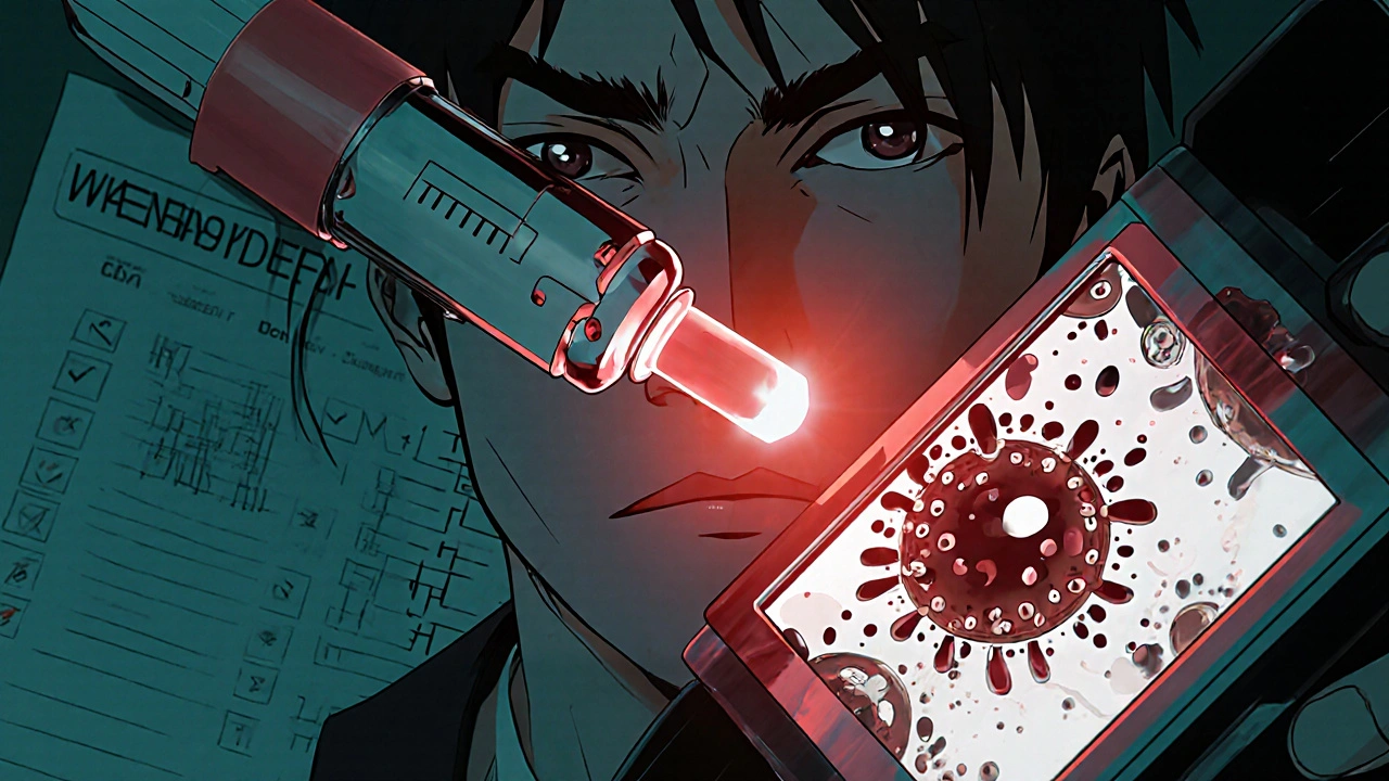 指先から採取された血液が機械で分析され、薬の分子が好中球を攻撃する微观の戦いを描く。