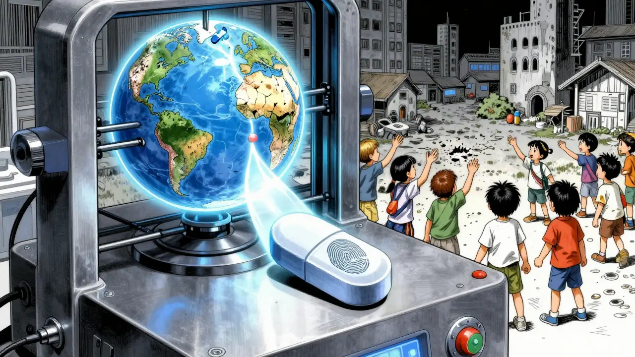 3Dプリンターで子ども専用の薬を作り、世界の薬の格差を象徴する二つの世界が対比される。