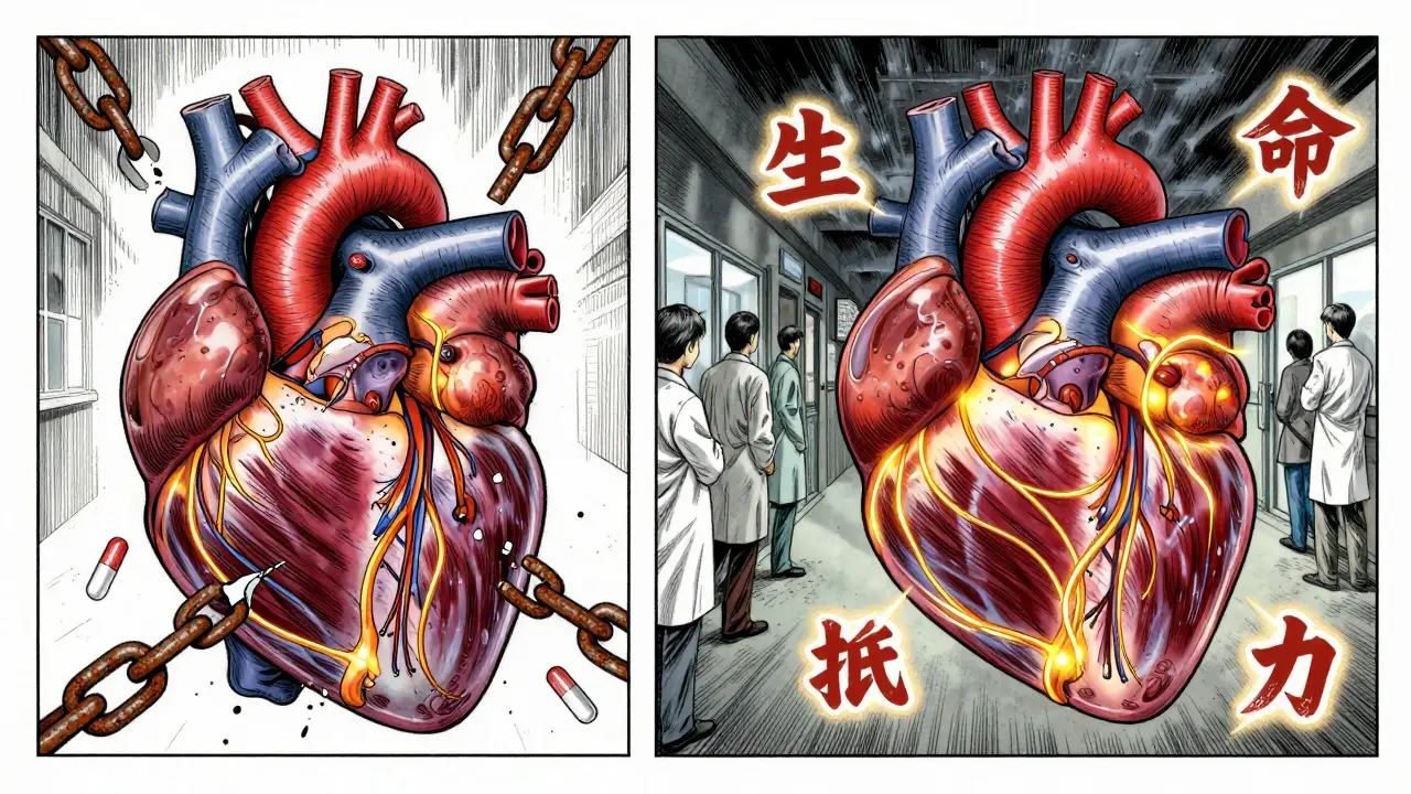 ACE阻害薬とARNIの作用を対比した心臓の解剖的描写