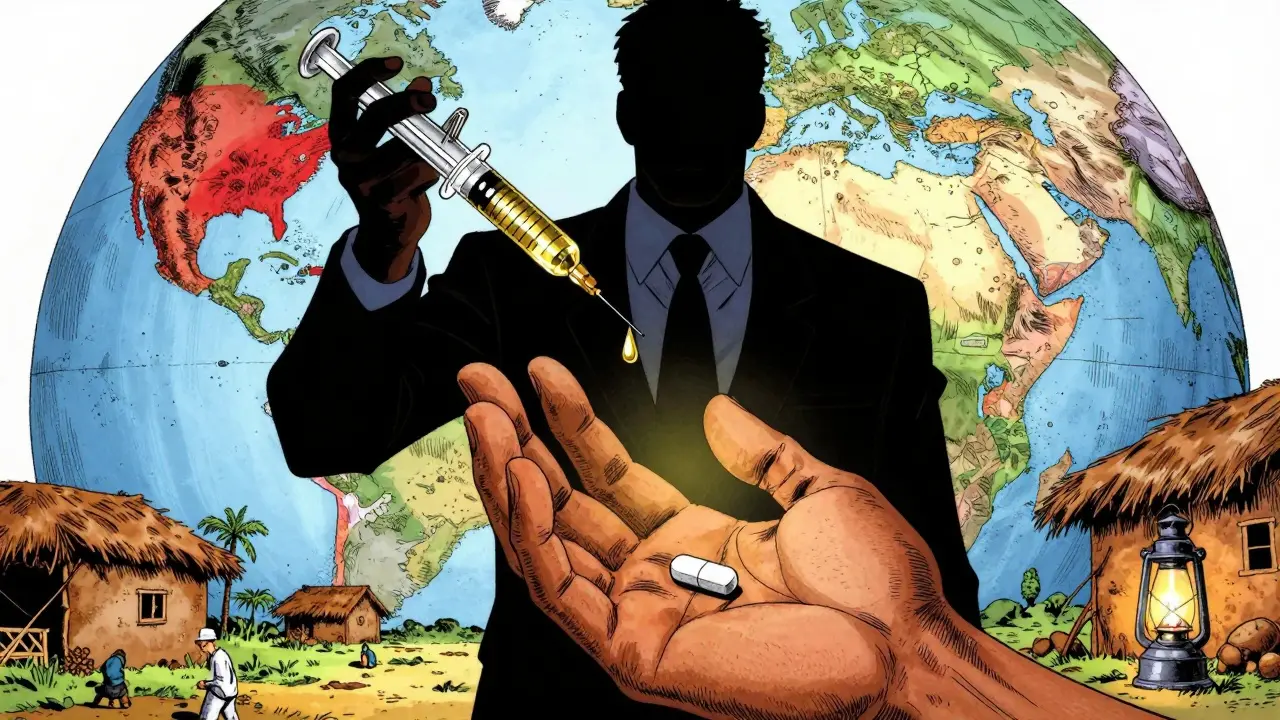 アフリカの村でジェネリック薬を手にする手と、その背後に広がる金銭の影。