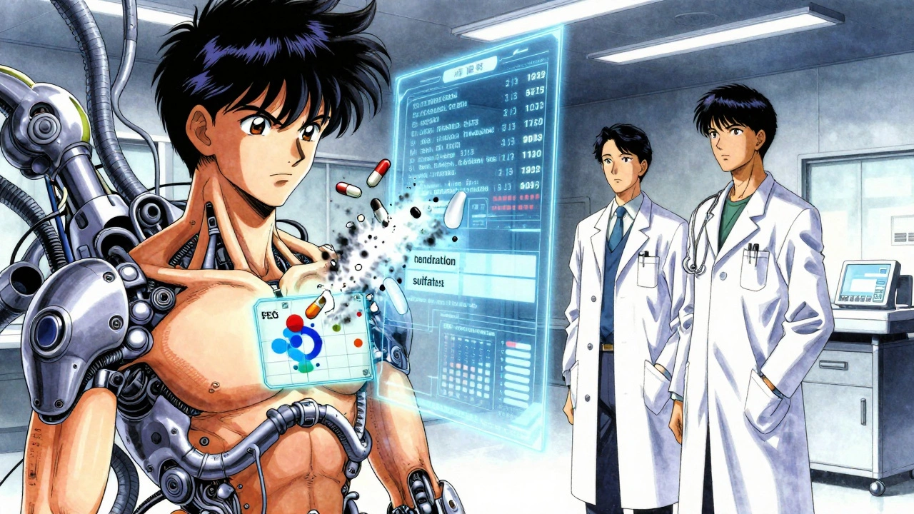 AIが患者の遺伝子に合わせた薬の耐性を投影する未来の医療シーン。