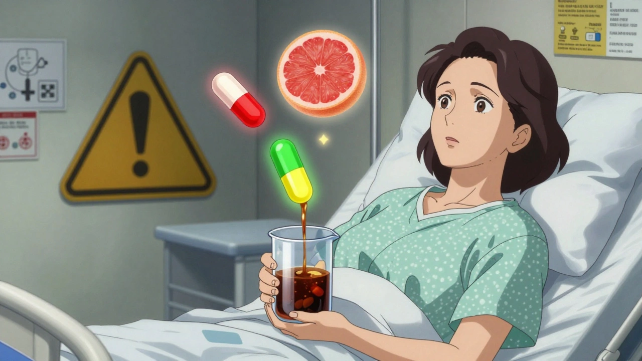 病床の女性の尿がコカコーラ色に、三種類のスタチン薬が色分けされて浮かび、グレープフルーツが警告の影を落としている