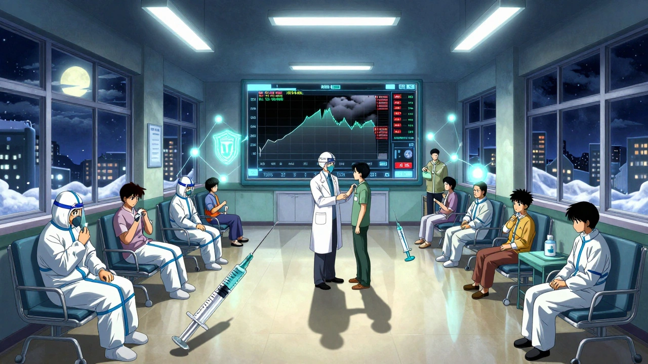 病院の廊下で免疫応答をモニタリングする医師と患者。家族のワクチン接種が光でつながる。