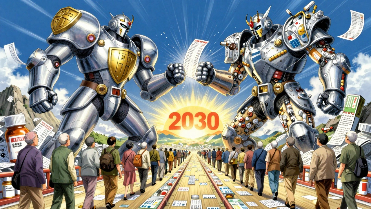 ブランド薬とジェネリックの巨人が戦い、高齢患者たちが薬の瓶の橋を進む