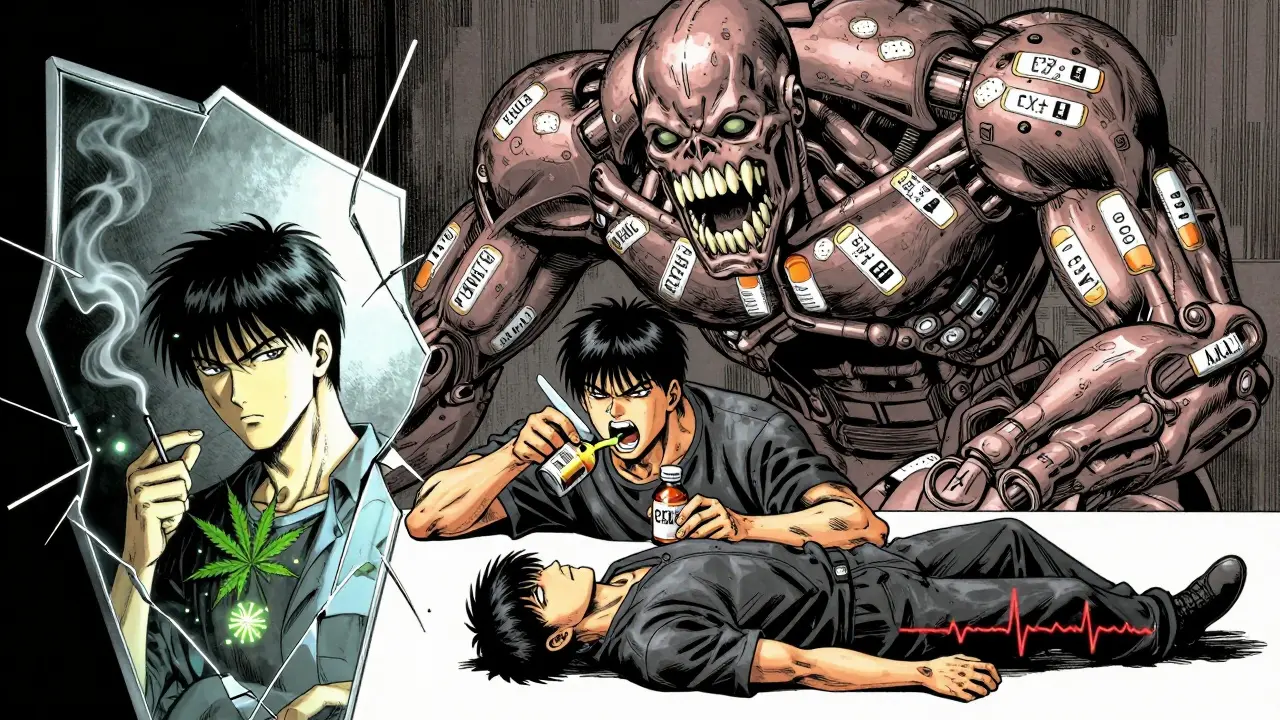 大麻、CBD、薬物相互作用の三つの未来が裂けた鏡に映る、生物機械的な酵素の怪物の前で倒れる患者。