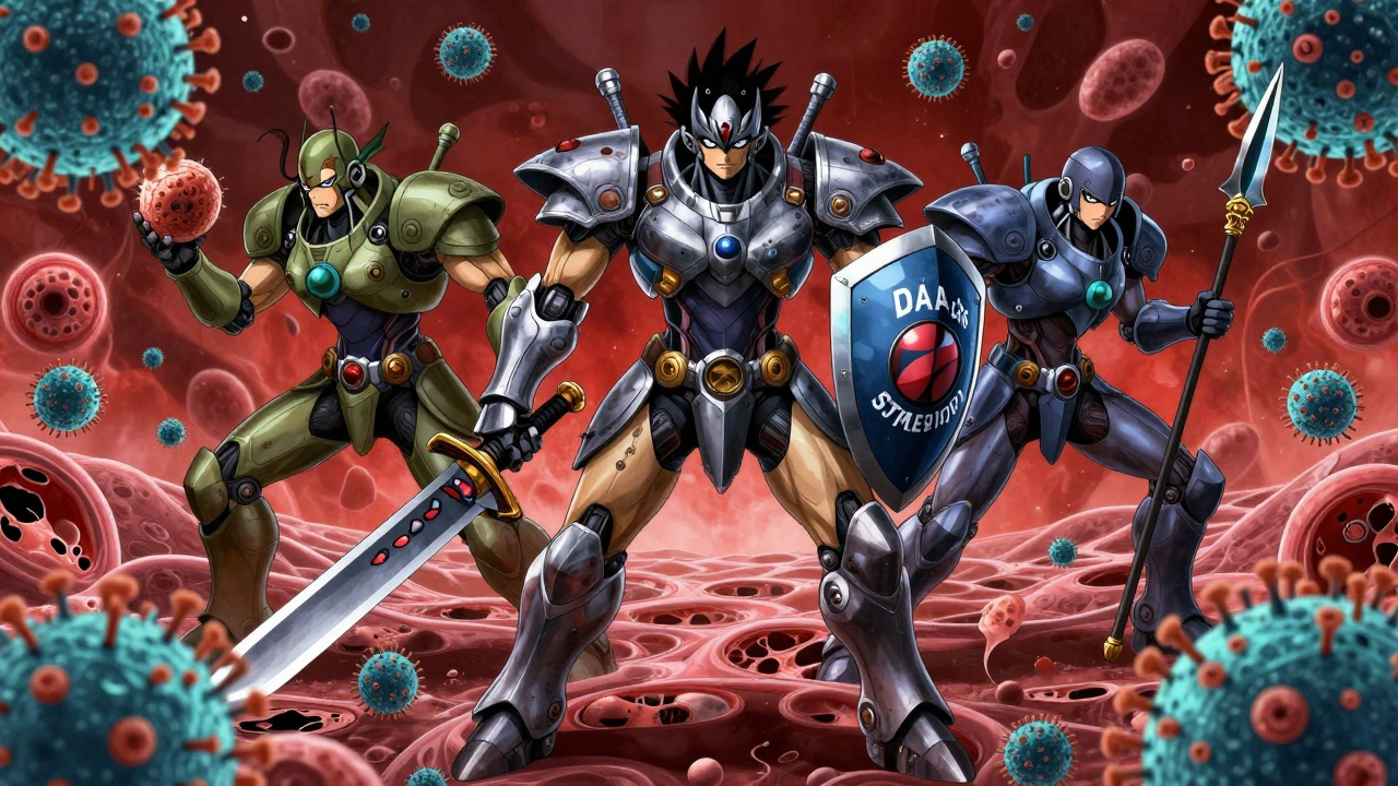DAA薬が戦士として肝細胞の戦場でC型肝炎ウイルスと戦うアニメ風シーン。