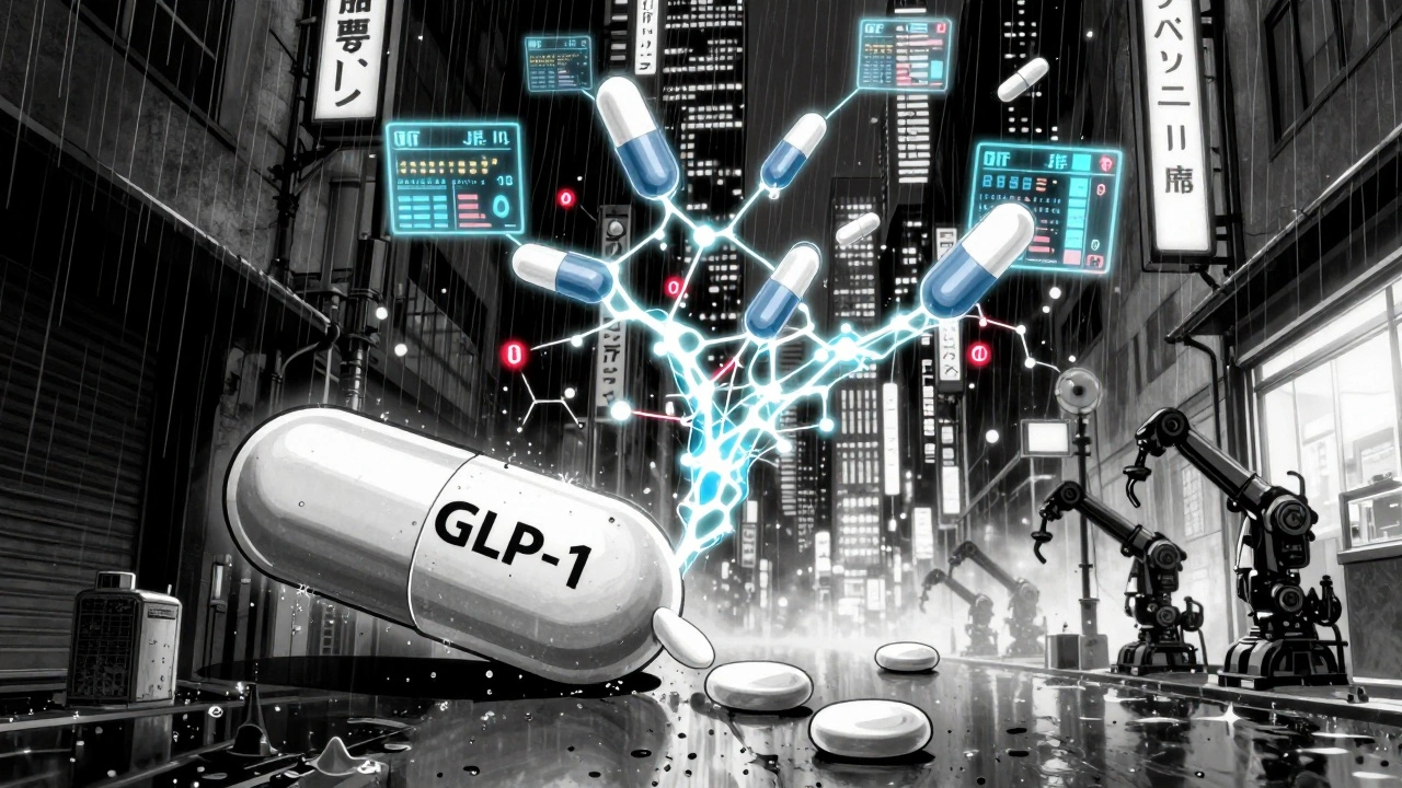 東京の雨の街角でGLP-1薬が分解し、デジタル処方アラートが浮かぶ